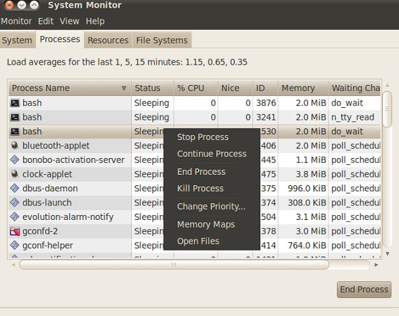 GNOMES 系统监控器屏幕截图，右键单击激活的菜单终止一个进程