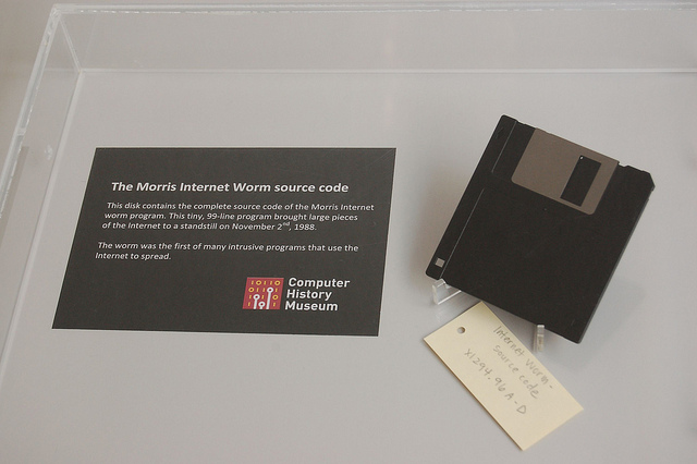 A floppy disk at the Computer History Museum in Silicon Valley contains a copy of the worm's source code. (Photo by Intel Free Press)