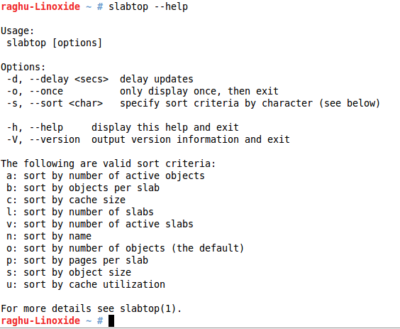 Slabtop help options