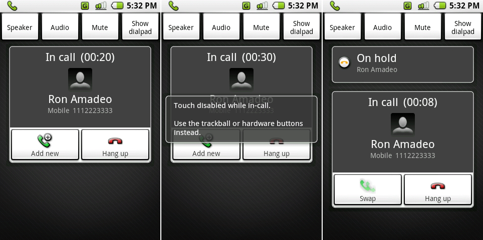 通话中，触摸屏不可用的显示错误信息，和显示第二通话暂停的通话界面。