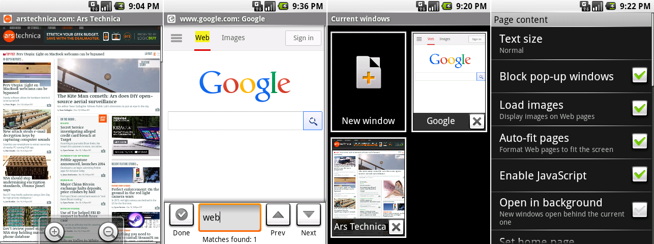 从左到右：安卓0.9的浏览器缩放控件，页面内搜索界面，浏览器窗口，以及设置。
