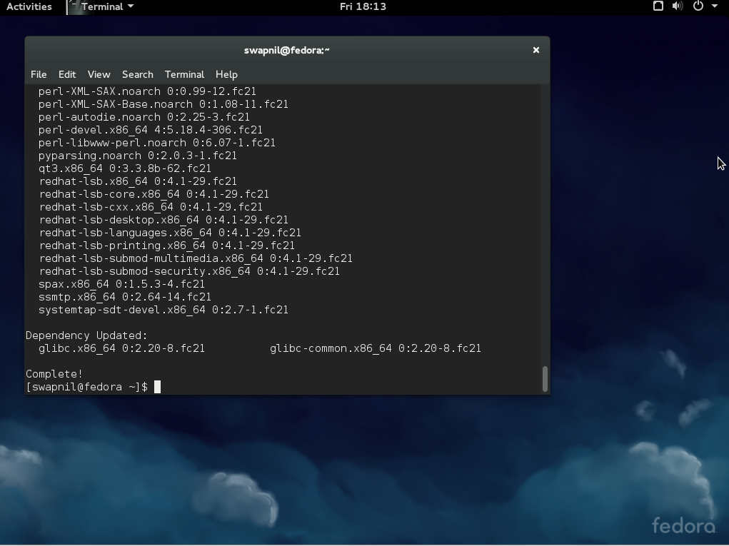 Manage system updates via the command line with dnf on Fedora.