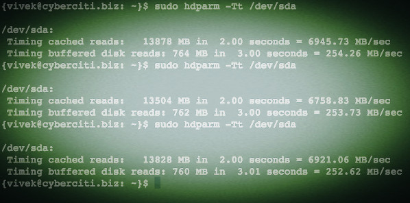 Fig.02: Linux hdparm command to test reading and caching disk performance