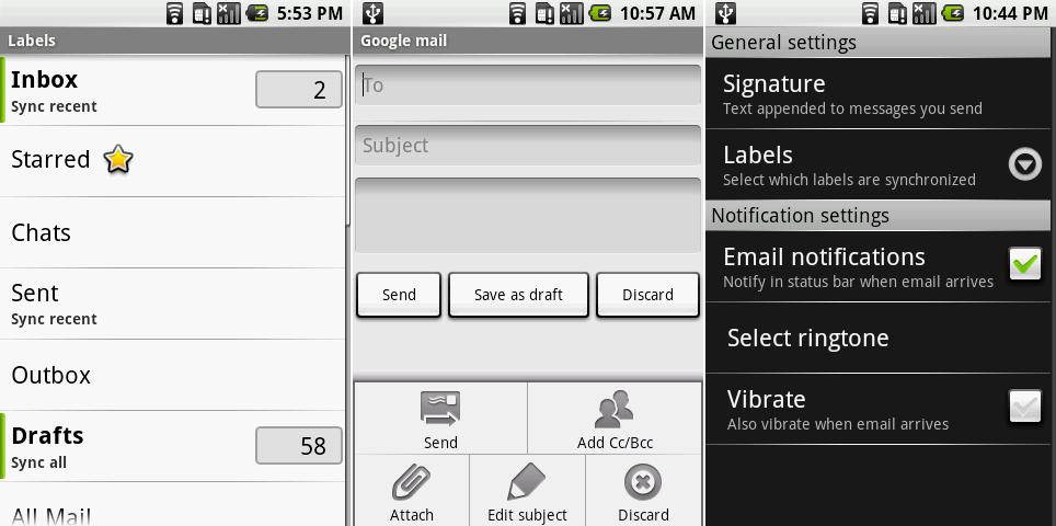 Gmail在安卓1.0的标签视图，写邮件界面，以及设置。