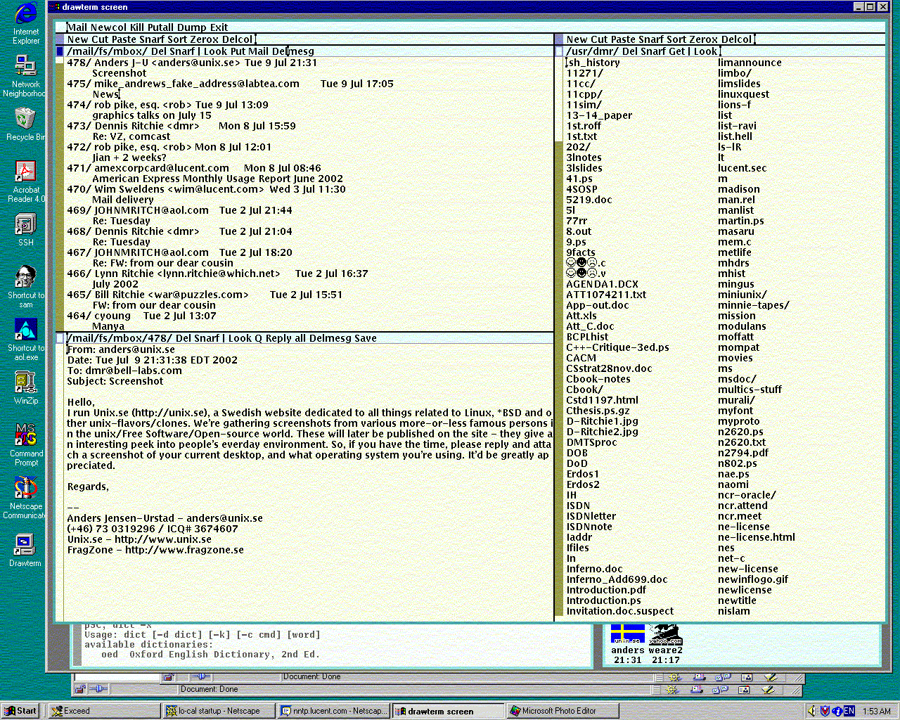 Dennis Ritchie的电脑桌面，截图于2002年7月