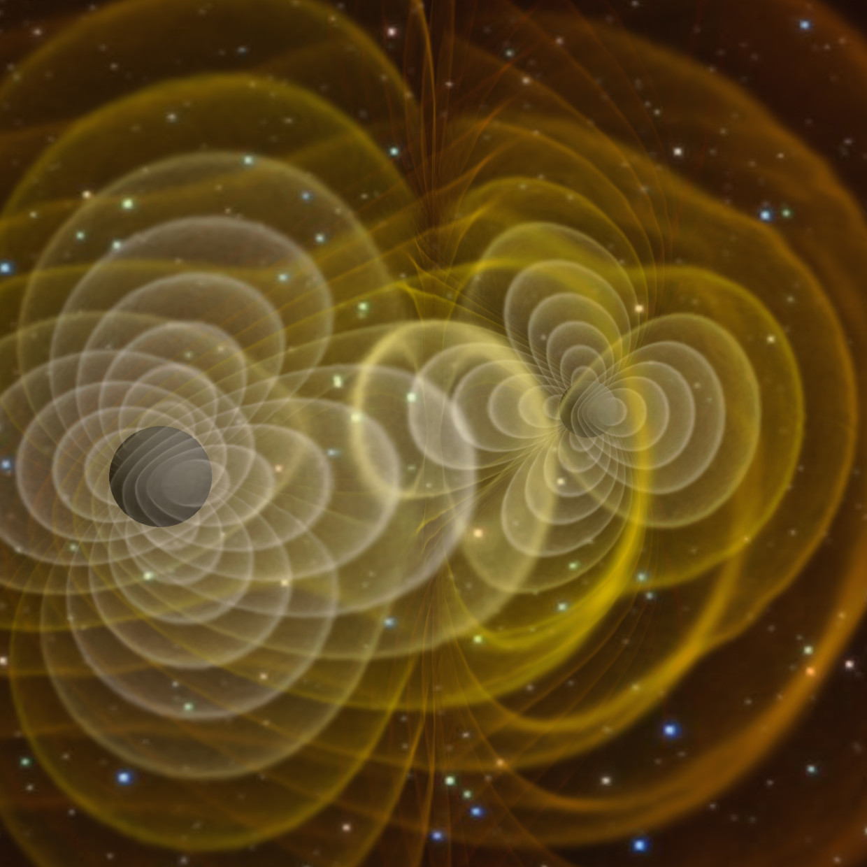 This 3-D visualization shows the gravitational waves produced by two orbiting black holes. (Credit: NASA)