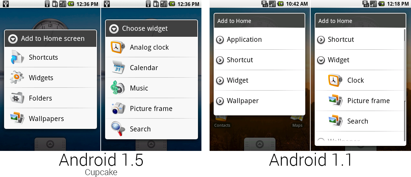 安卓1.5和1.1中的“添加到主屏幕”对话框。