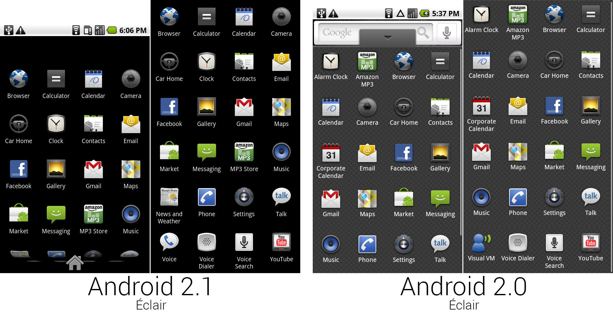 图片展示了安卓2.1和2.0中的应用抽屉设计以及应用的选择。