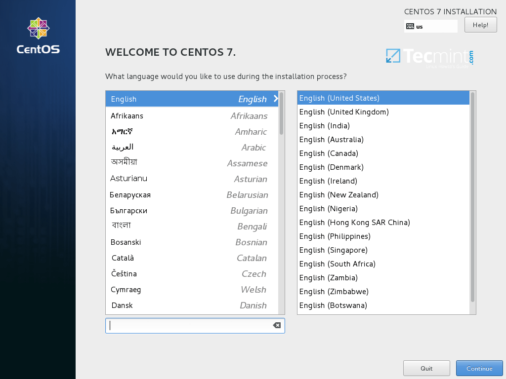 Select CentOS 7.3 Installation Language