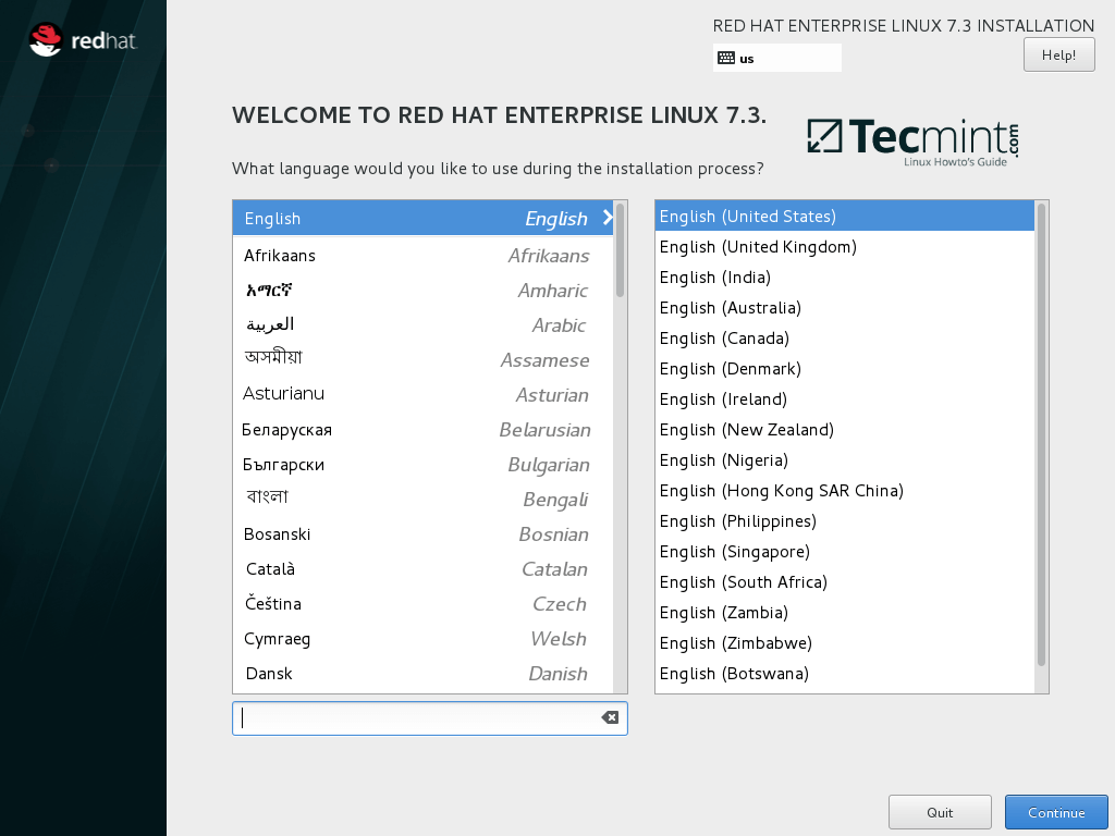 Select RHEL 7.3 Language