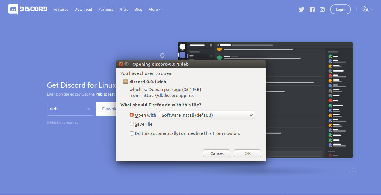 Ubuntu prompt to install Discord
