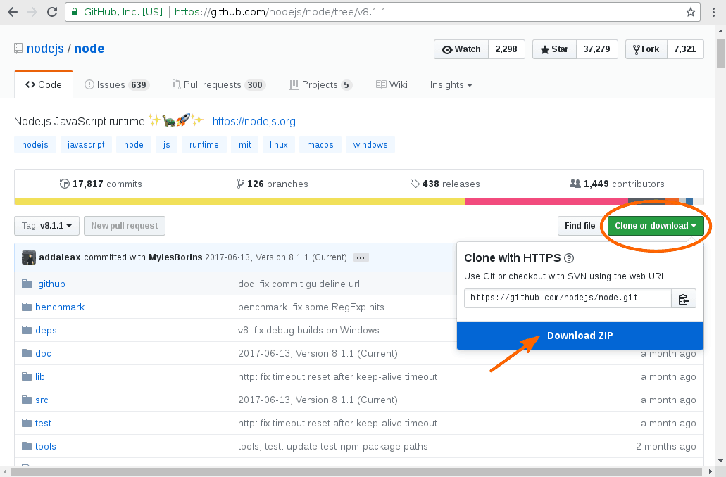 NodeJS GitHub repository download as a ZIP button
