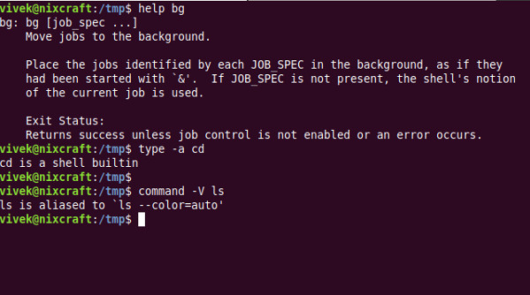 View list bash built-ins command info on Linux or Unix