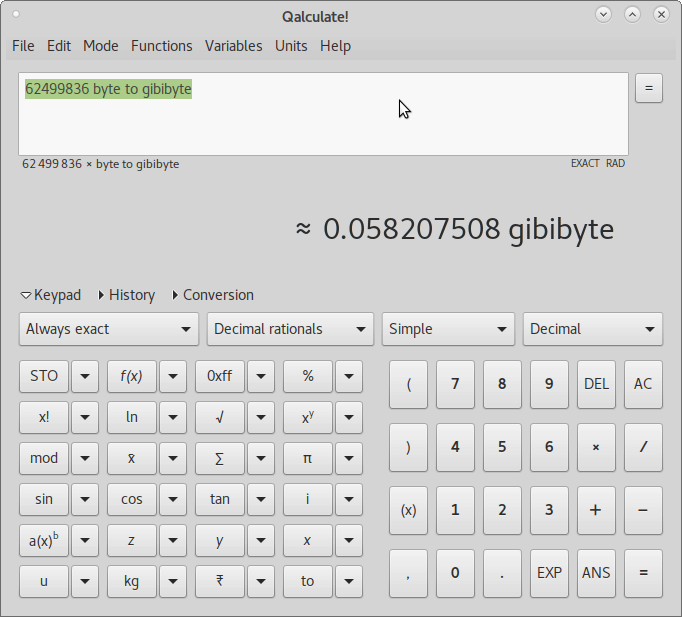 使用 Qalculate 进行字节到 GB 的换算