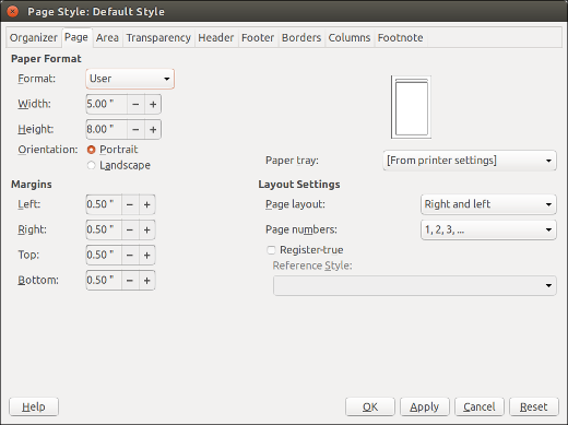 LibreOffice Page Style window