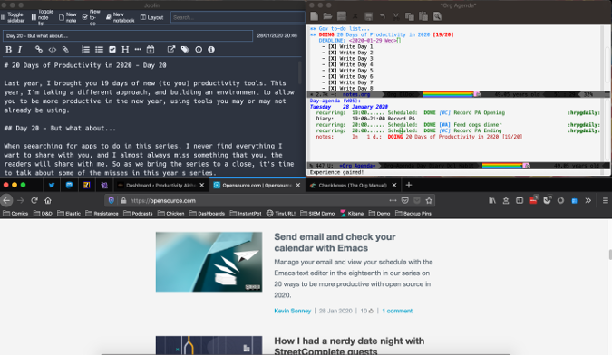 Desktop with Joplin, Emacs, and Firefox