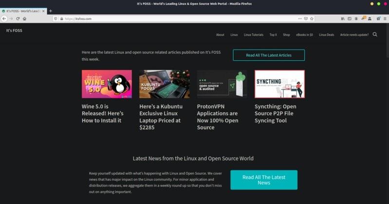 It’s FOSS Homepage in Dark Mode with Dark Reader