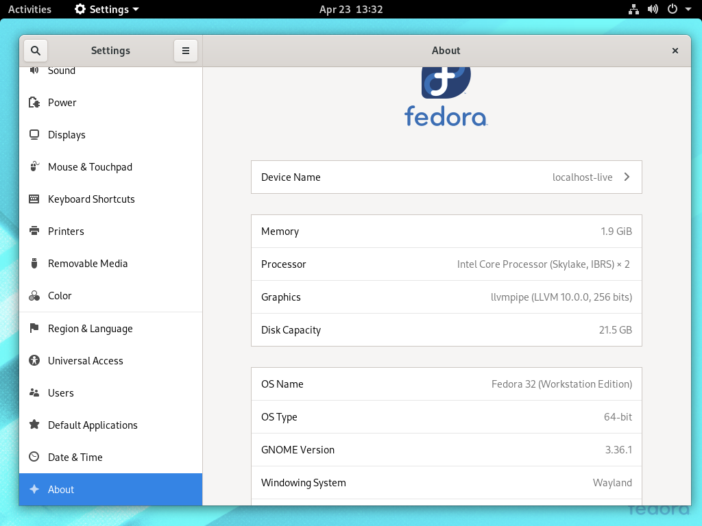 The reorganized settings application in Fedora 32