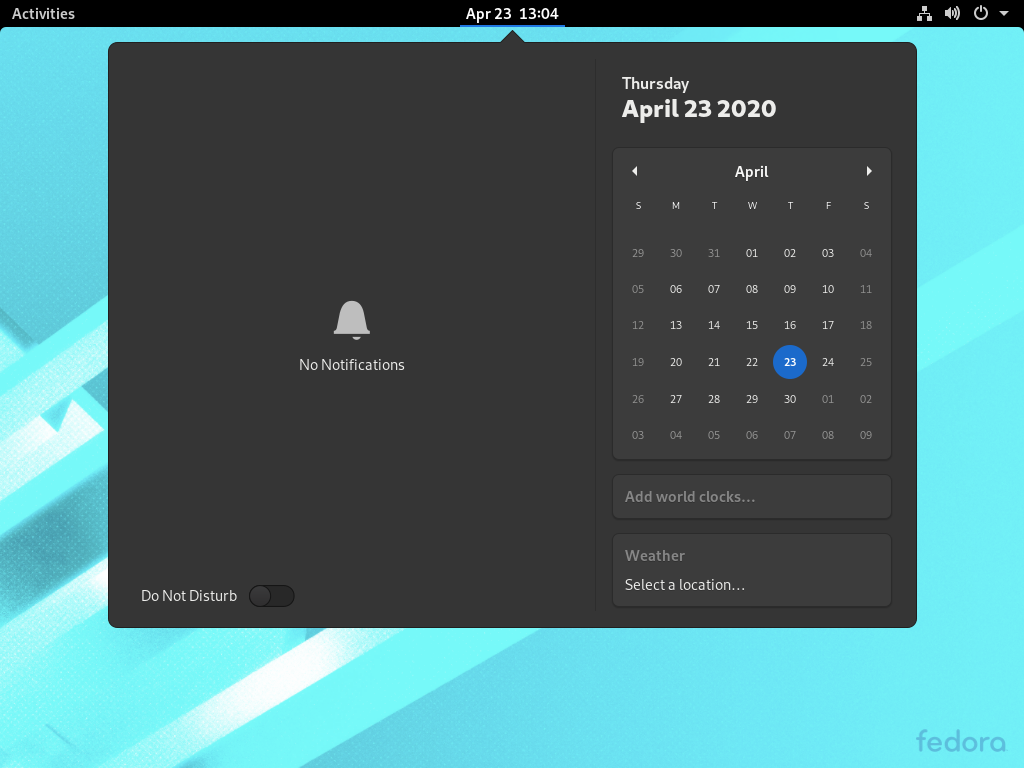 The new Notification / Calendar popover in Fedora 32 
