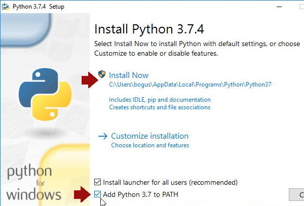 Select "Add Python 3 to PATH"