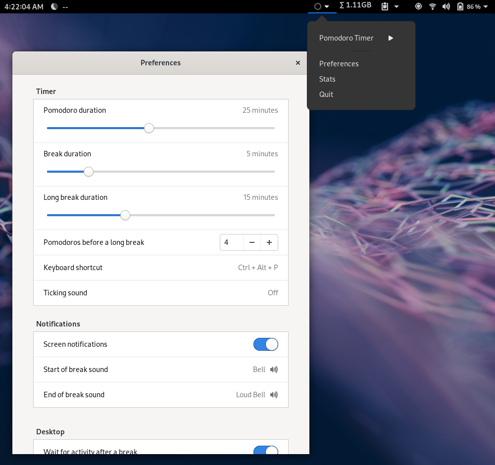 Using the pomodoro timer on GNOME