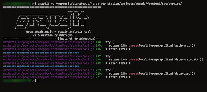JavaScript file showing Graudit display of vulnerable code