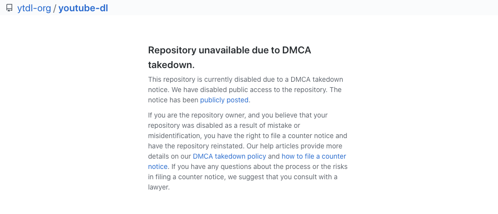 youtube-dl 项目的主页已经被 DMCA 撤下