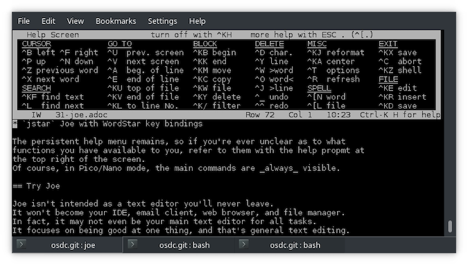 Black terminal with white text showing WordStar key bindings