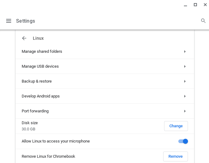 Chrome OS Settings menu