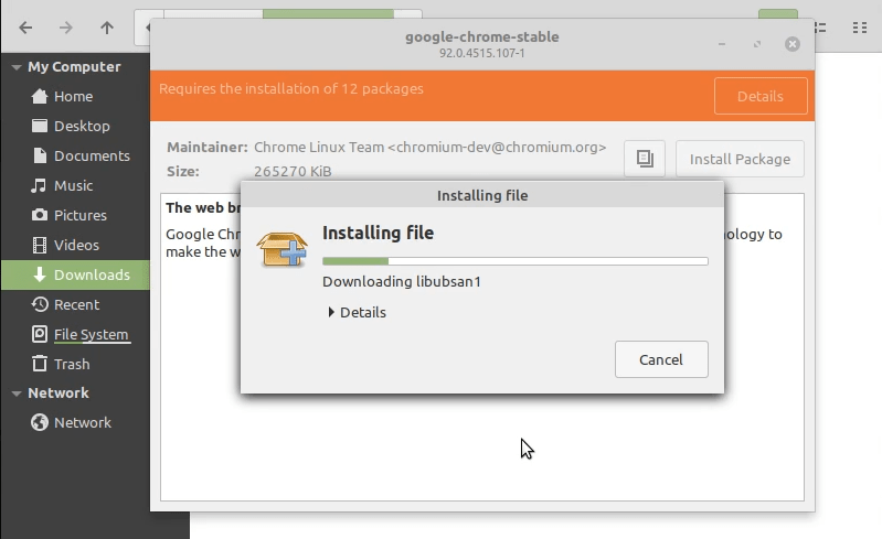 Installing Chrome in progress