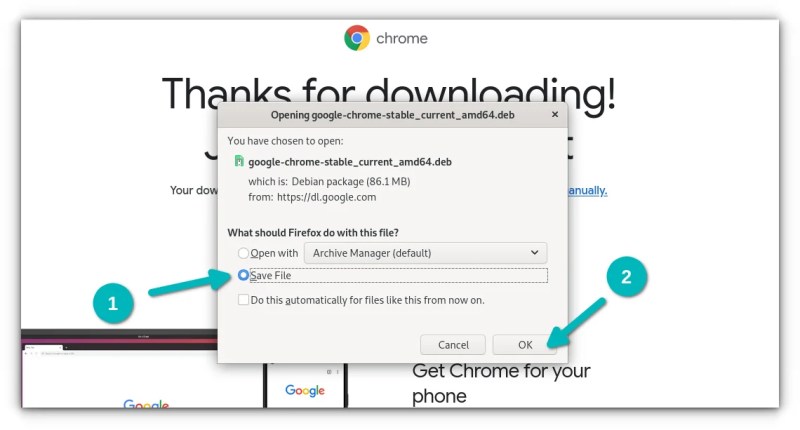 Save the downloaded DEB file for Google Chrome