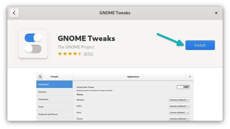 Install GNOME Tweaks from the software center in Fedora