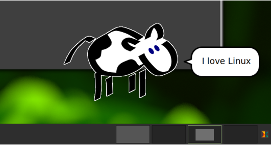 A cartoon cow has a speech bubble that reads "I love Linux"