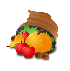 一幅棕色玉米棒的漫画，上面有红色的苹果、橙色的南瓜和棕色的坚果溢出来。