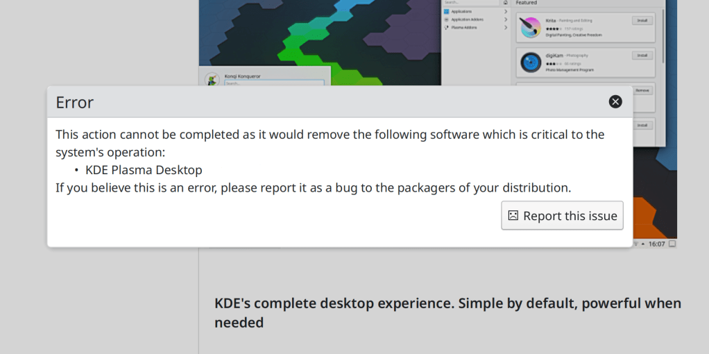 KDE Plasma 不允许用户卸载 Plasma 桌面
