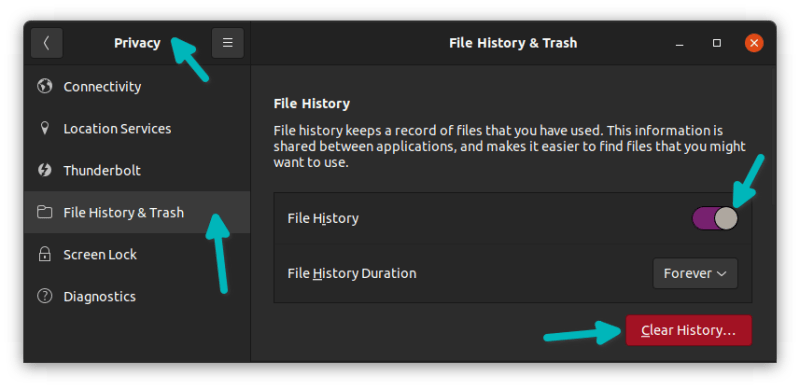 Clear or disable file access history in GNOME