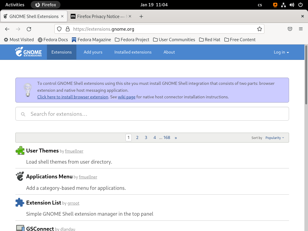 Gnome Extensions Page