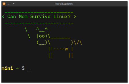 Cowsay "Can Mom Survive Linux?"