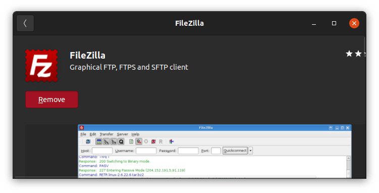 FileZilla is available in the Ubuntu Software Center