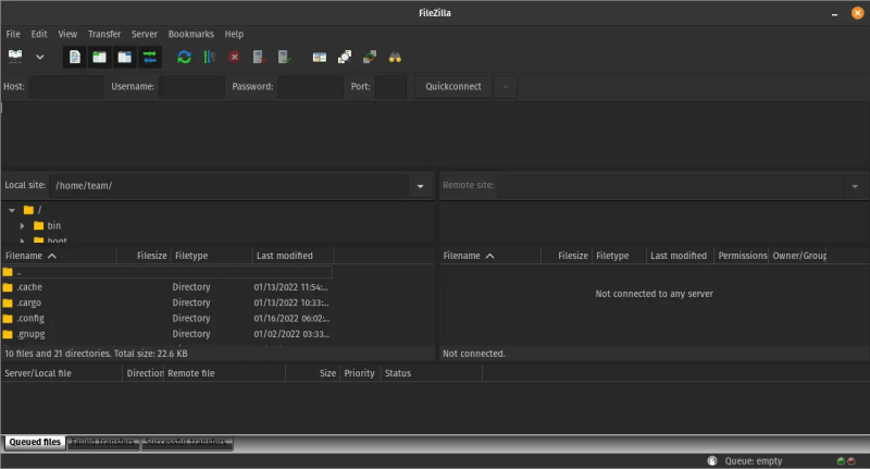 Screenshot of FileZilla running