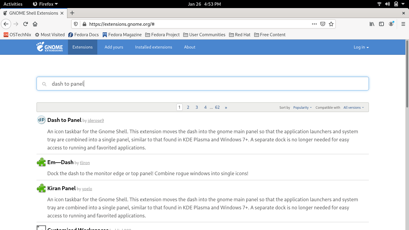 Search for Dash to panel extension in Gnome extensions site
