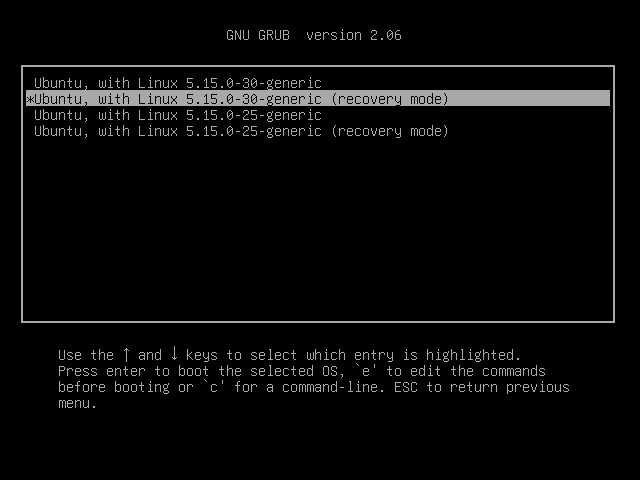 Choose Recovery Mode In Grub Boot Menu In Ubuntu 22.04 / 20.04 LTS