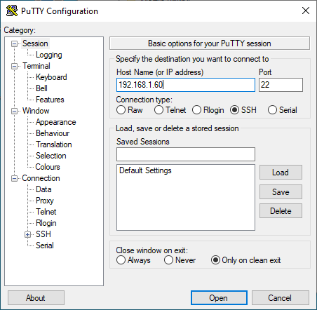 PuTTY configuration screen
