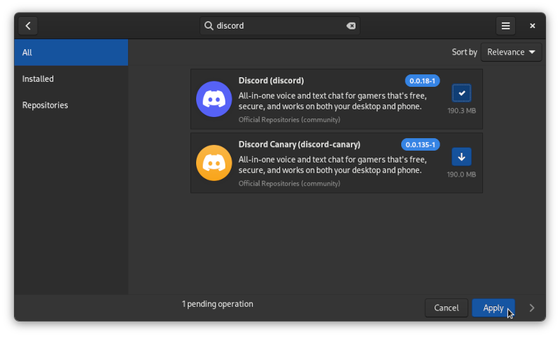 Installing Discord from Pamac