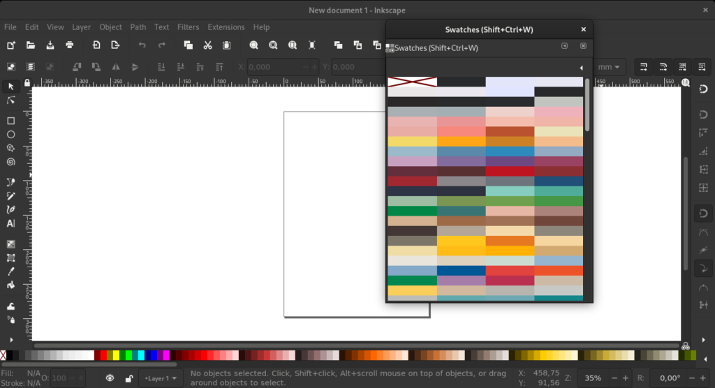 Inkscape with the swatches dialogue open, which shows the Madeira Rayon color palette