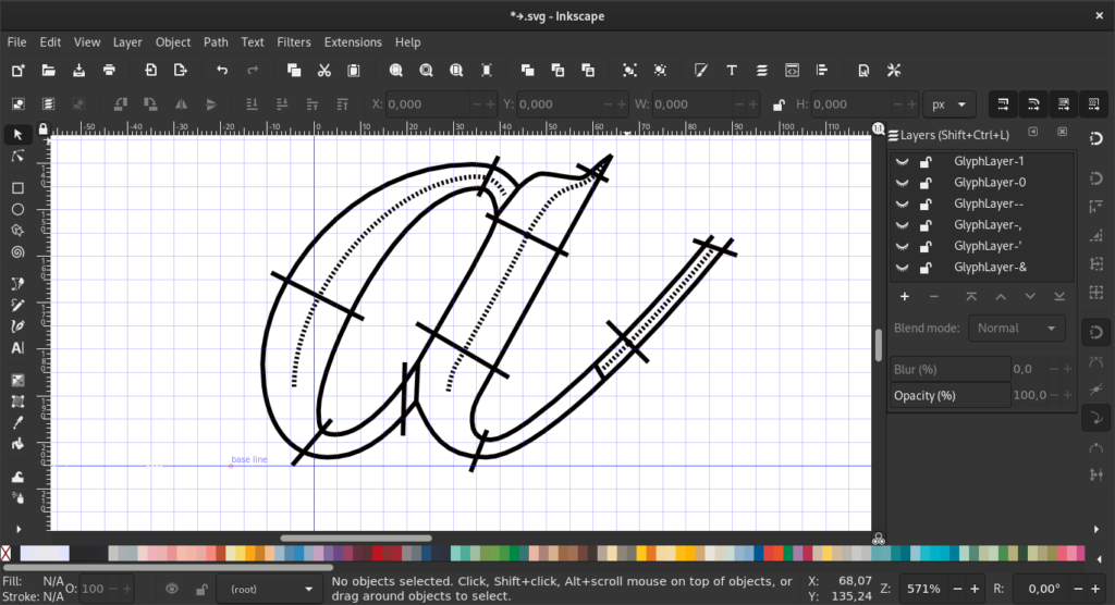 Inkscape with a “Chopin” glyph for satin stitching defined for the Lettering function