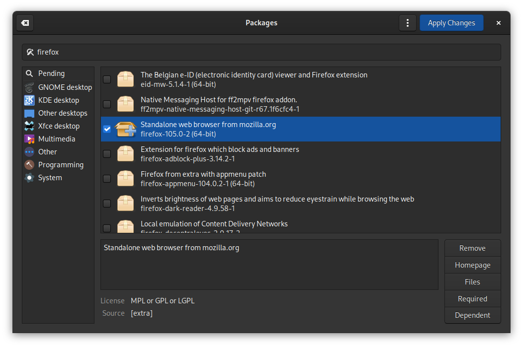 Installing Firefox using GNOME PackageKit