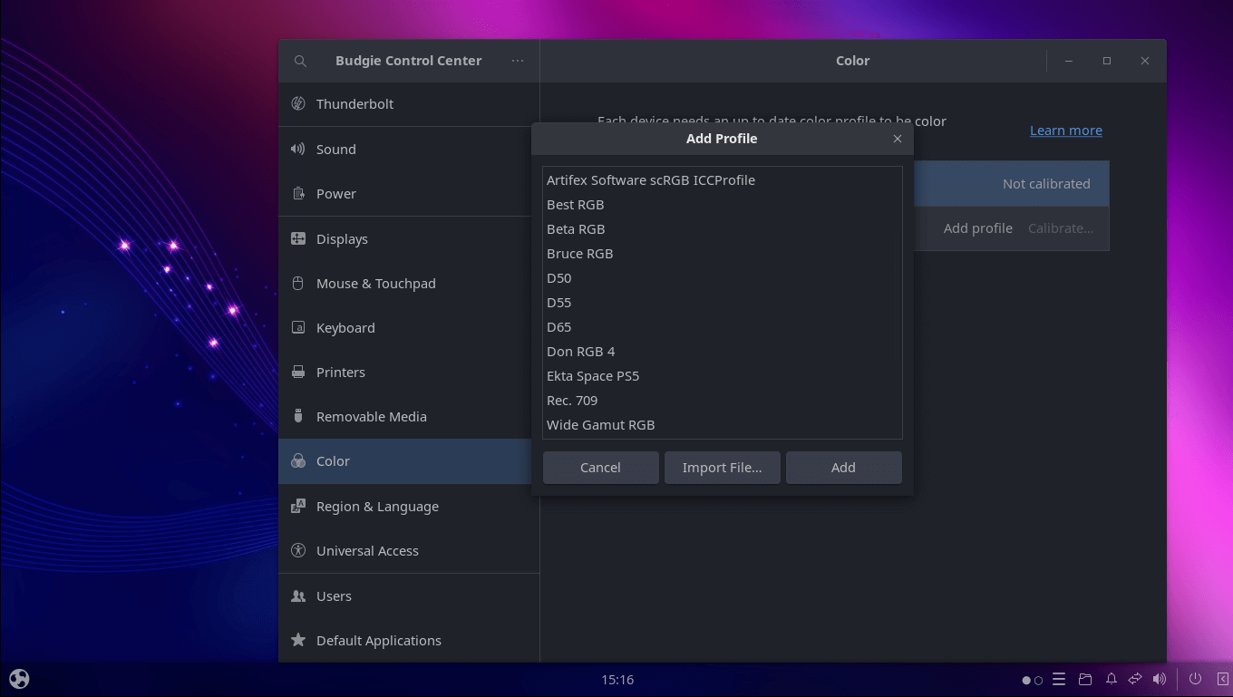 ubuntu budgie 22.10 display color profiles