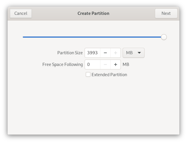 Creating a new partition and setting size