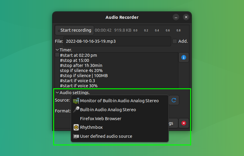 Audio-Recorder Audio Settings
